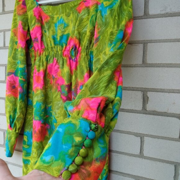 Vintage Mod Mini Dress Handmade Hawaiian Psychedelic Floral Handmade 32"B Small - Picture 5 of 12